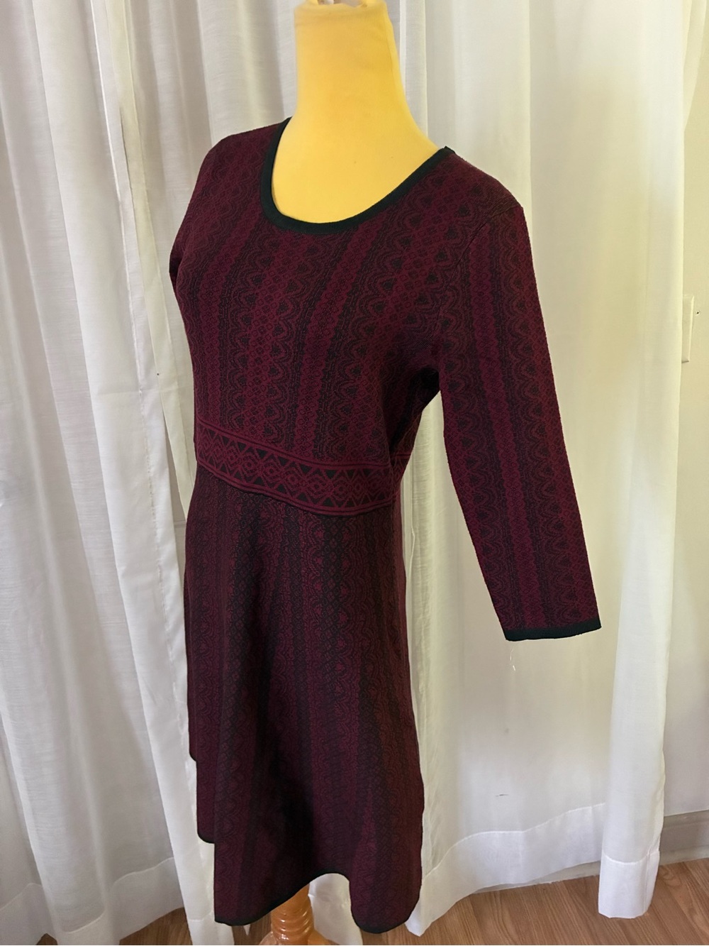 Nina Leonard Deep Burgundy Textured Fit & Flare Dress